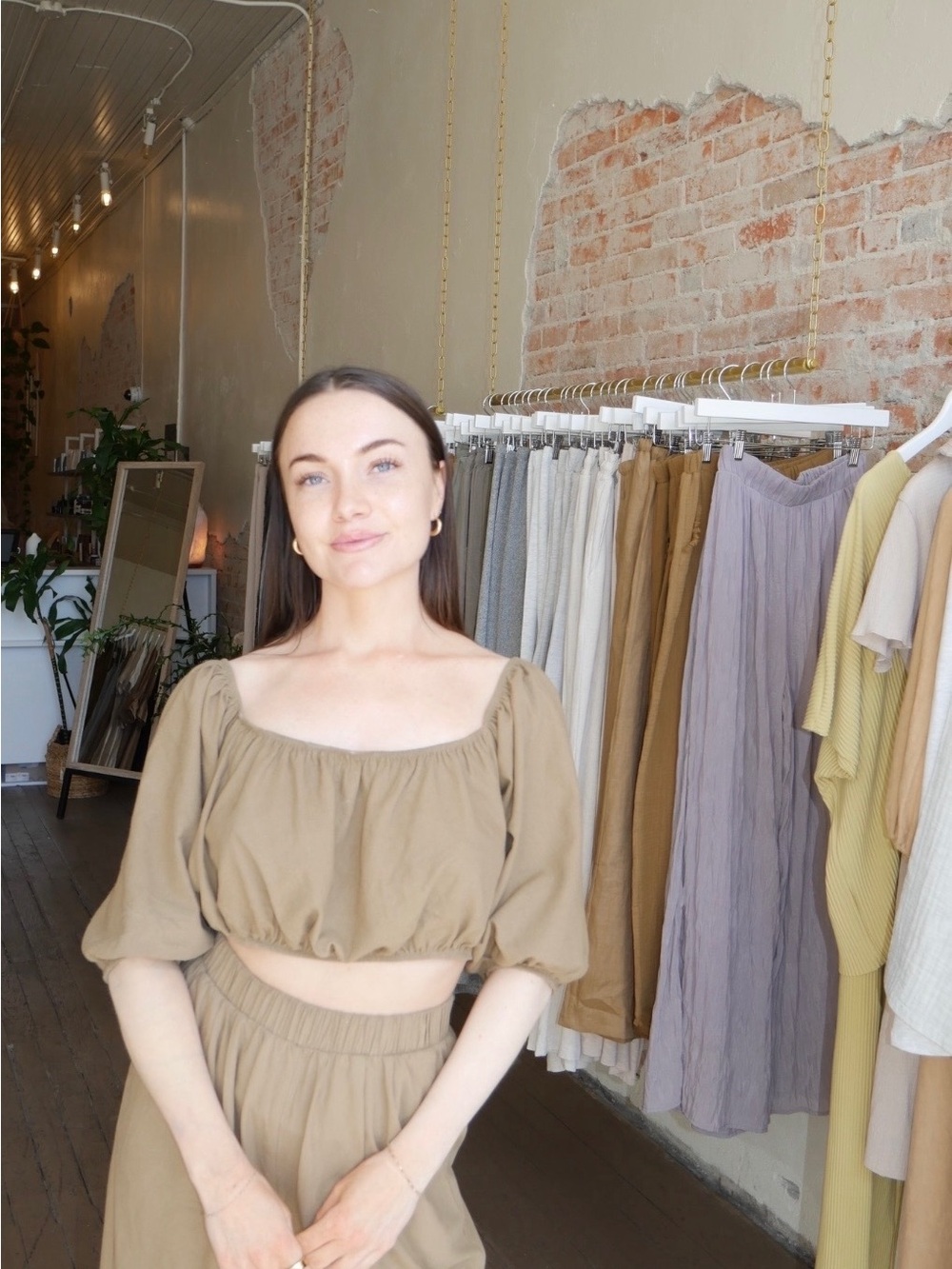 Ozma Georgia Off Shoulder Raw Silk Brown Crop Top (Top SIZE XS) and Pant (Med)